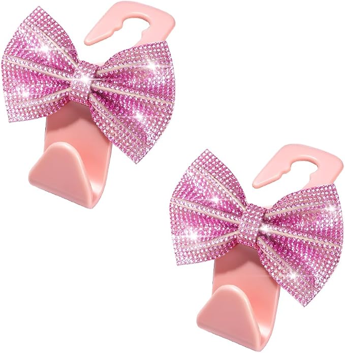 2PCS Bling Bow Headrest Hooks, Car Seat Bag Hangers, Pink | Pvc and rhinestone construction, butterfly bow decoration, rear seat storage, bag and coat hanging, car interior accessories