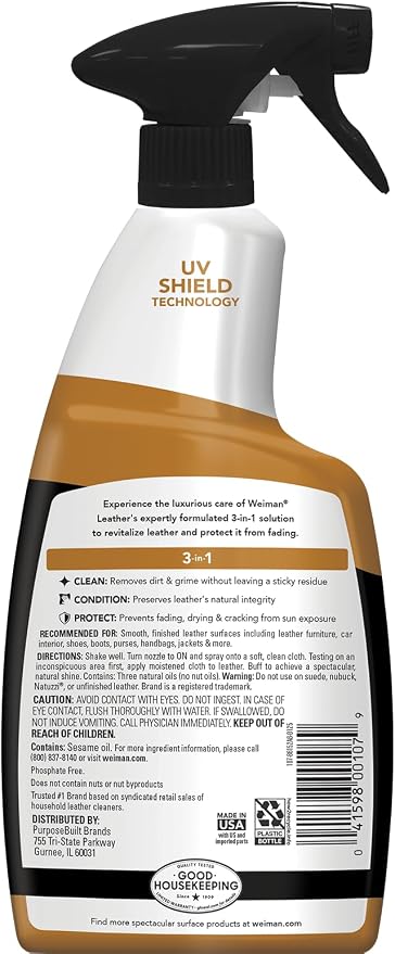 Weiman Leather Cleaner, Polish and Conditioner for Furniture, Car, Purses, Shoes, Boots and Couches- Micro Fiber Towel Included, 22oz