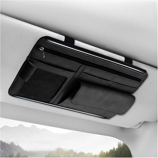 Car Sun Visor Organizer, Soft Leather Vehicle Sunshade Glasses Storage Bag with Net Zipper, Automotive Multi-Pocket Organizer for Drive License Card Glasses Document (Black)