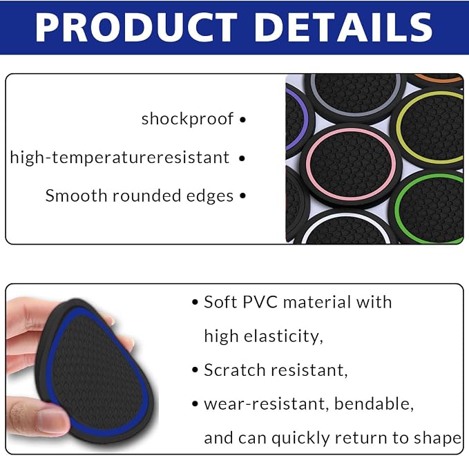 Car Cup Holder Coasters, Dustproof Automotive Interior Accessories Mat,2.75 Inch Non-Slip Insert Water Bottle Holder Pads, Universal for Vehicles, Trucks, RVs and More (Black/Blue, 4PCS)