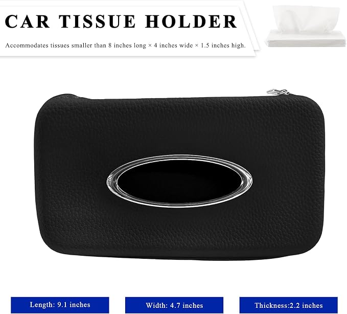 Car Tissue Holder, Microfiber Leather Auto Sun Visor Napkin Box with Zipper & Hooks, Universal Backseat Tissue Dispenser Case Visor Napkin Holder for Sedans Trucks SUVs (Black)