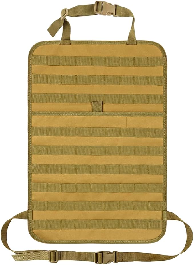 Car Seat Back Organizer, Tactical MOLLE Sag Proof Vehicle Panel Backseat Cover Protector, Universal Molle Nylon Storage Bag Seat Back Hanger Pad for Car Truck SUV Pickup (Khaki)