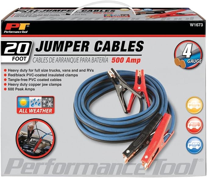 Performance Tool W1673 20' 4-Gauge 500 AMP All Weather Jumper Cables