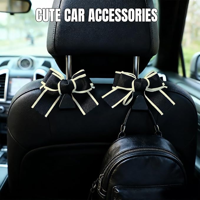 2PCS Car Seat Headrest Hooks, Car Purse Hook, Cute Bow Knot Vehicle Seatback Hanging Storage Organizer, Auto Seatback Decor Organizer Hanger for SUV Truck (White Line)