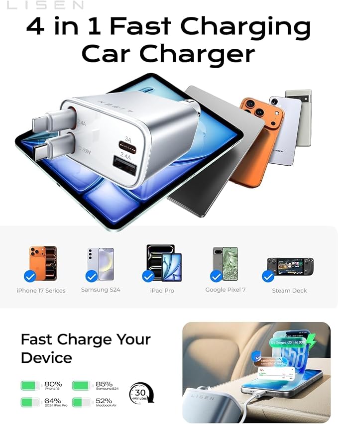 LISEN Retractable Car Charger for iPhone, for iPhone 17 Pro Max 16 15 14 13 12 Plus Mini, Cute 4 in 1 Retractable USB C Car Charger Fast Chareg for Women Men, 84W Fast Charging Car Accessorie | Multiple Ports Car Charger, Retractable Car Charger Fast C...