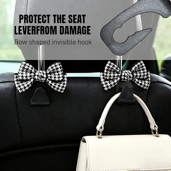 2PCS Car Seat Headrest Hooks, Car Purse Hook, Cute Bow Knot Vehicle Seatback Hanging Storage Organizer, Auto Seatback Decor Organizer Hanger for SUV Truck (Small Houndstooth/Black)