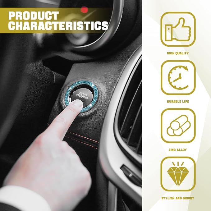2PCS Bling Car Crystal Rhinestone Ring Emblem Sticker, Push to Start Button Cover/Sticker, Key Ignition Starter & Knob Ring, Car Interior Decoration Bling Car Accessories for Women
