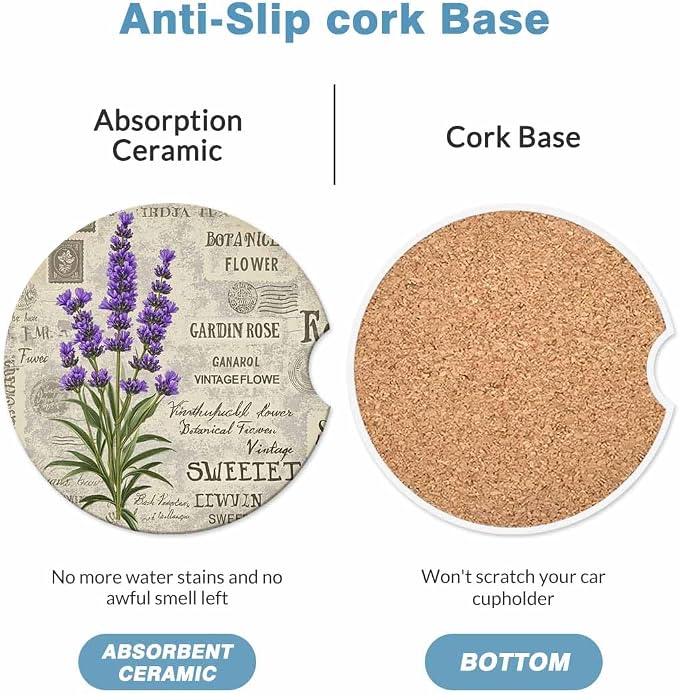 Lavender 2 Pack Car Cup Holder Coaster Anti Slip Insert Absorbent Ceramic Car Coaster with Cork Base and Finger Notch Cute Car Accessories Interior for Women Men