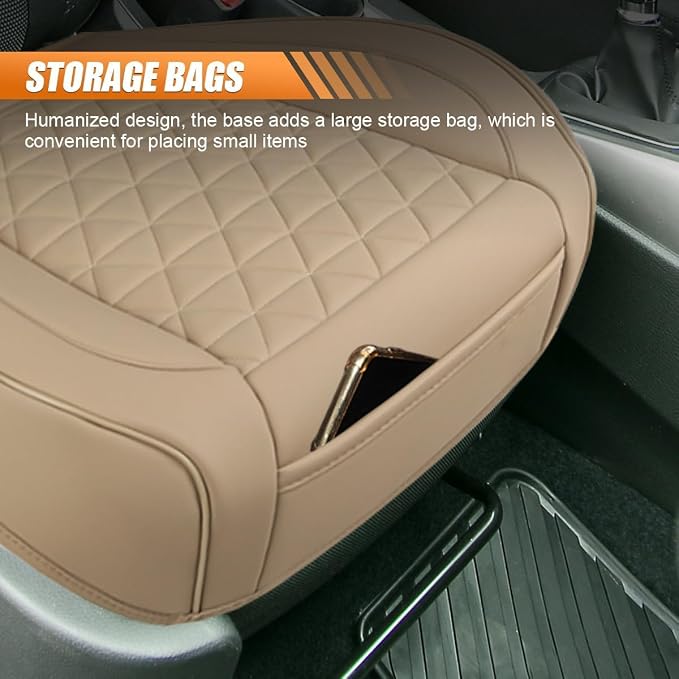 2PCS Luxury Faux Leather Car Seat Cover, Car Seat Cushion, Beige | Anti-Slip Waterproof Universal Front Bottom Seat Protector with Storage Pocket for Sedans, SUVs, Trucks, Triangular Pattern