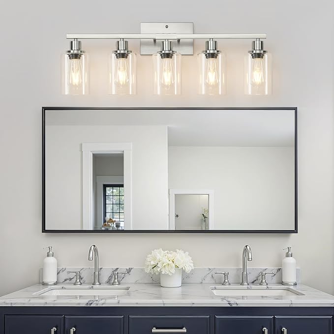 MOKATNG 5-Light Bathroom Light Fixtures, Vanity Light with Clear Glass Shades, Brushed Nickel Bathroom Light Fixtures Over Mirror, Modern Bathroom Wall Lamp for Mirror Living Room Cabinet Bedroom
