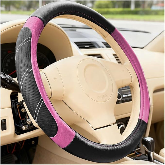 Car Steering Wheel Cover, 15 Inch Leather Breathable Auto Wheel Protection Cover with Non-Slip Lining, Padded Soft Grip Vehicle Steering Protector, Universal Fit (Black/Pink)