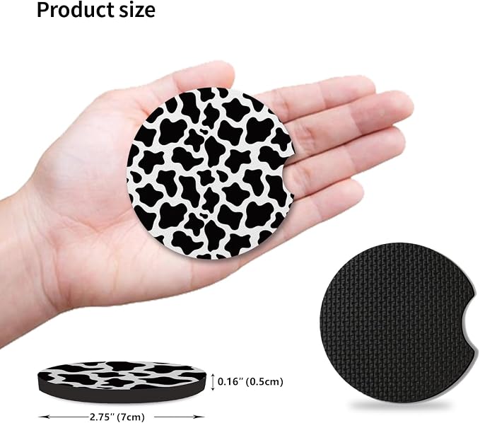 Cute Cow Print Animal Themed Black and White Cup Holders,2 Pack Universal Neoprene Car Coasters Set for Women/Men,Drink Cup Car Holder Coasters with A Finger Notch