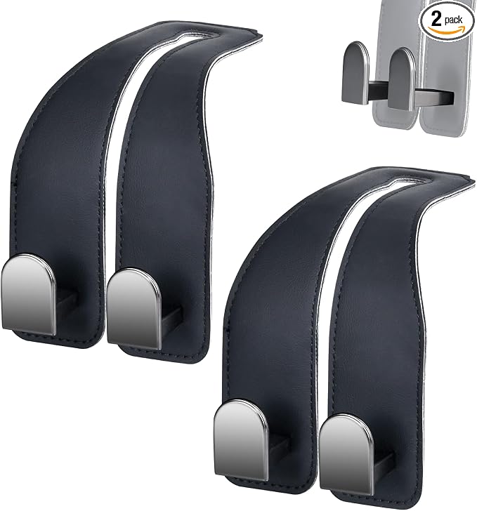Car Hooks for Headrest, Leather Car Seat Back Storage Organizer Interior Accessories, More Wide & Deep Auto Seat Hook Hangers for Purse Umbrellas Handbag Clothes Coats Grocery Bags (Black-2 Pack)