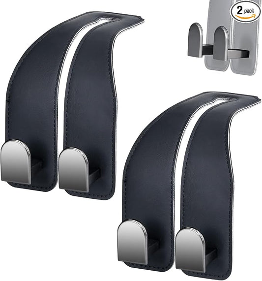 Car Hooks for Headrest, Leather Car Seat Back Storage Organizer Interior Accessories, More Wide & Deep Auto Seat Hook Hangers for Purse Umbrellas Handbag Clothes Coats Grocery Bags (Black-2 Pack)