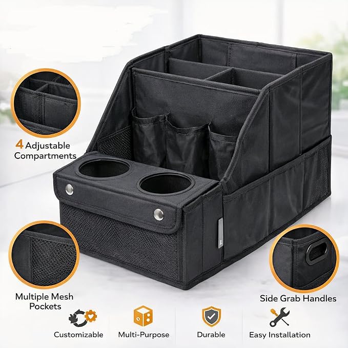 Car Trunk Organizer for SUV with Cup Holder – Foldable Trunk Organizer for Car, Car Organizer for Storage, Durable Car Organizers and Storage, Car Essentials for Easy Car Organization