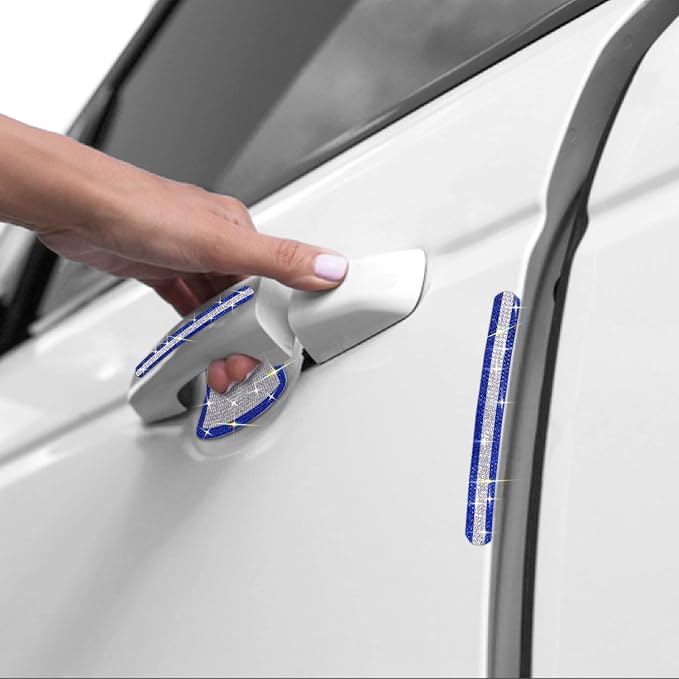 10PCS Car Door Handle Bling Rhinestones Stickers, Blue & Sliver | Universal Auto Door Handle Safety Reflective Strips, Cute Car Decor