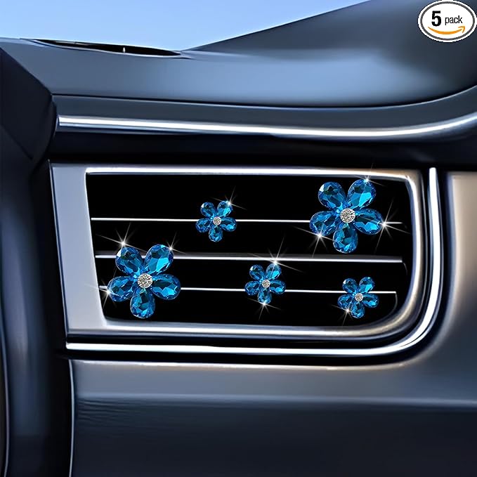 5PCS Bling Flower Car Air Vent Clips, Crystal Rhinestone Vehicle Air Conditioning Outlet Clip, Diamond Automotive Interior Decoration Charm, Universal for Automobile RV Truck (Blue)