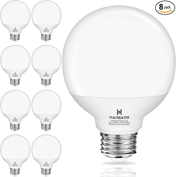 8 Pack Bathroom Light Bulbs, 5000K Daylight LED Globe Light Bulbs, 40W Equivalent E26 Base, G25 Vanity Light Bulb for Bathroom Makeup Mirror, Bedroom Lights 120V, CRI85+, 500LM, Non-dimmable
