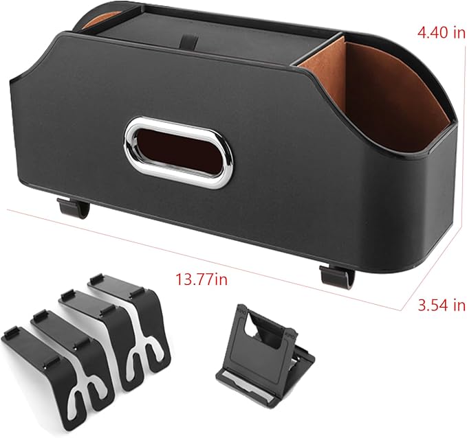 Car Back Seat Organizer with 2 Drink Cup Holder and Tissue Box, Headrest Hanging Storage Box with Hooks and Phone Holder, Multi-Functional Storage for Kids and Travel. (Black)