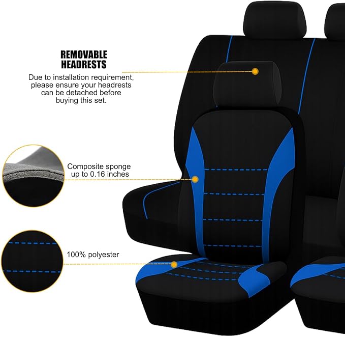 Car Seat Cover Full Set, Fashion Soft Sponge Vehicle Front and Rear Split Bench with Removable Headrest Cover, Breathable Auto Seat Protector, Universal for Truck SUV Sedan (Blue/Black)