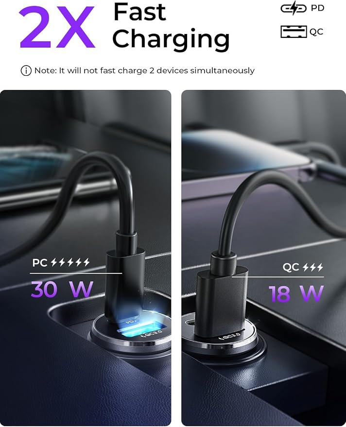 LISEN USB C Car Charger Adapter [2 Pack] [Mini & Metal] Cigarette Lighter USB Charger Fast Charging [PD QC 3.0] USBC Car Phone Charger for iPhone 15 Pro Max Plus 14 Samsung Galaxy S23 iPad Pro, Purple | Cigarette Lighter Charger, USB C Car Charger Fast...