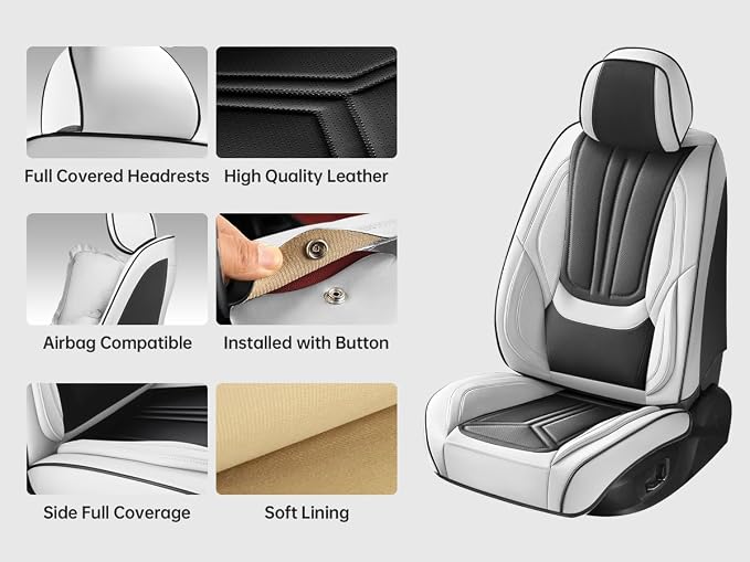 Car Seat Covers Front Seats White and Black, Premium Leather Car Seat Covers, Waterproof and Breathable Seat Covers, Universal Car Seat Protector Fit for Cars, Trucks, SUVs, Pick-ups