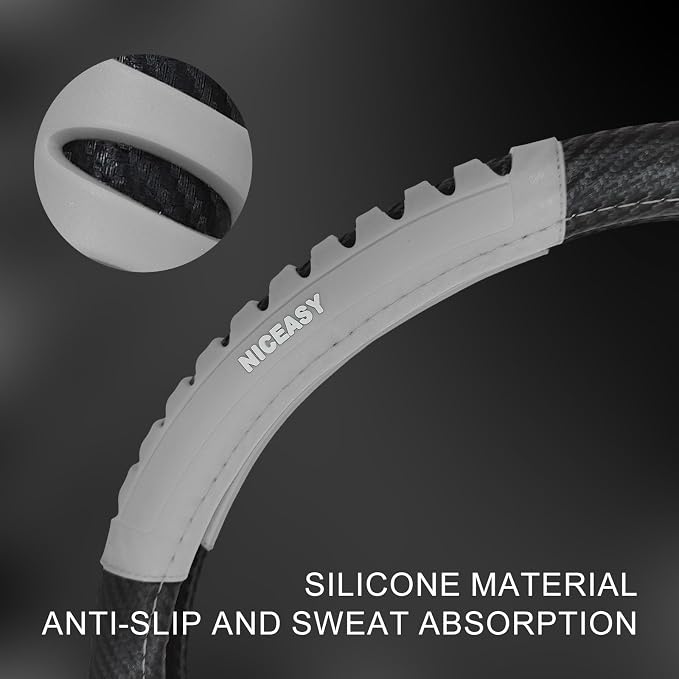 Sport Style Black Carbon-Fiber Steering Wheel Cover with Grey Grip Steering Wheel Accessory,Universal Fit 14.75-15 inch Steering Wheel