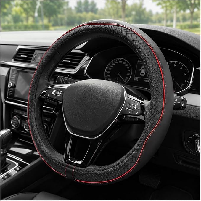 Car Steering Wheel Cover, 15 Inch Anti-Slip Breathable Leather Auto Steering Wheel Protector, Full Surround Soft Steering Wheel Cover for Men Women, Car Interior Accessories (Black & Red)