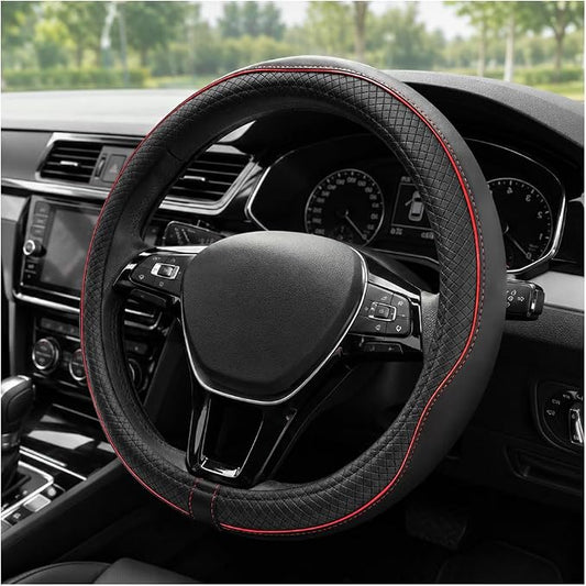 Car Steering Wheel Cover, 15 Inch Anti-Slip Breathable Leather Auto Steering Wheel Protector, Full Surround Soft Steering Wheel Cover for Men Women, Car Interior Accessories (Black & Red)