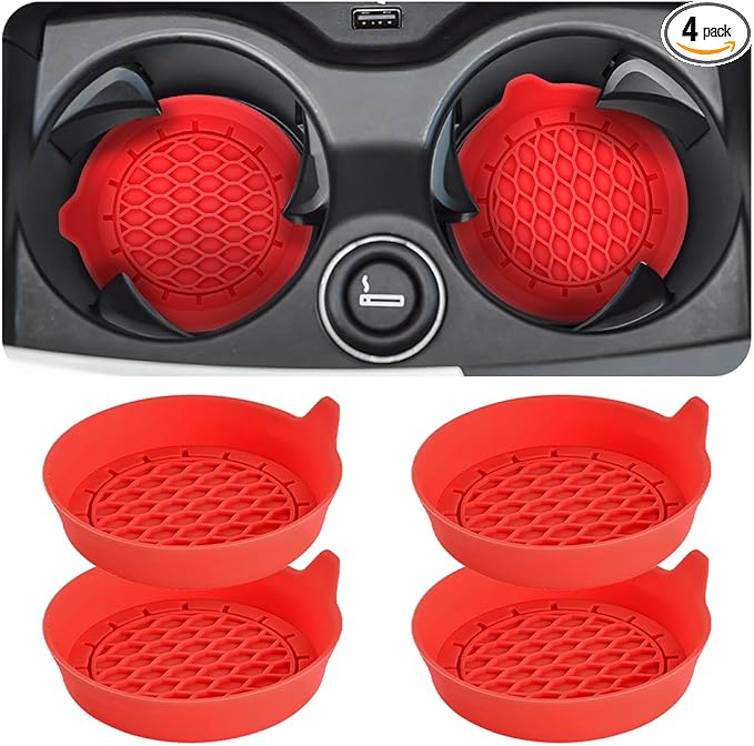 Zpana 4PCS Car Cup Holder Coasters, Silicone Non-Slip Vehicle Cup Recessed Mats, Sift-Proof Automotive Interior Drink Insert Decor Accessories, Universal for SUV, Sedan, Truck (Red)