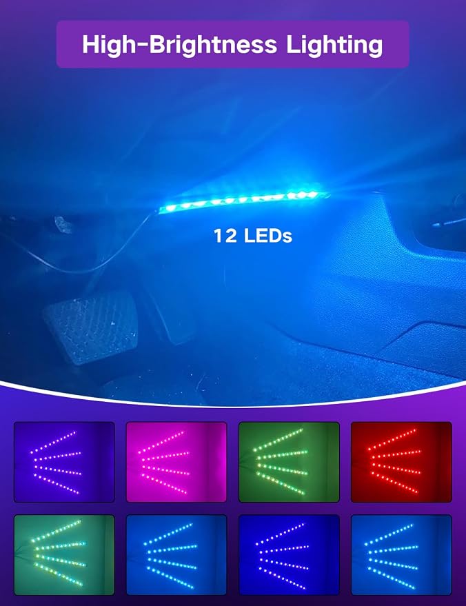 YUGUANG 4Pcs Car Interior Lights, USB LED Lights for Car with App Control Multicolor Music Sync DIY Light Mode, RGB Car Inside Ambient Lighting Kit