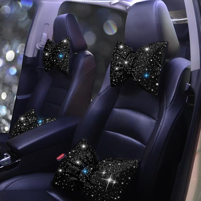 Car Headrest Pillow Bowknot Neck Support Pillow for Driver with Bow Tie Bling Diamond Head Neck Support Rhinestone Accessories for Girls and Women Black 2Pcs