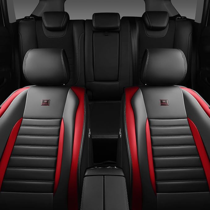 CAR PASS Nappa Leather Car Seat Covers Front Seats, Luxury Seat Protector for Cars, Waterproof Anti-Slip Seat Cushion Armrest Compatible Airbag Universal for Sedan SUV Pick-up Truck Auto, Black Red