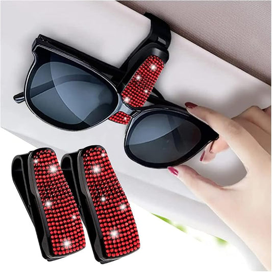 2PCS Bling Rhinestone Car Sun Visor Glasses Holders W/Anti-Scratch Sponge | Car Decoration for Women Girls,Ticket Card Clip Visor Organizer,Universal Rhinestone Auto Accessories