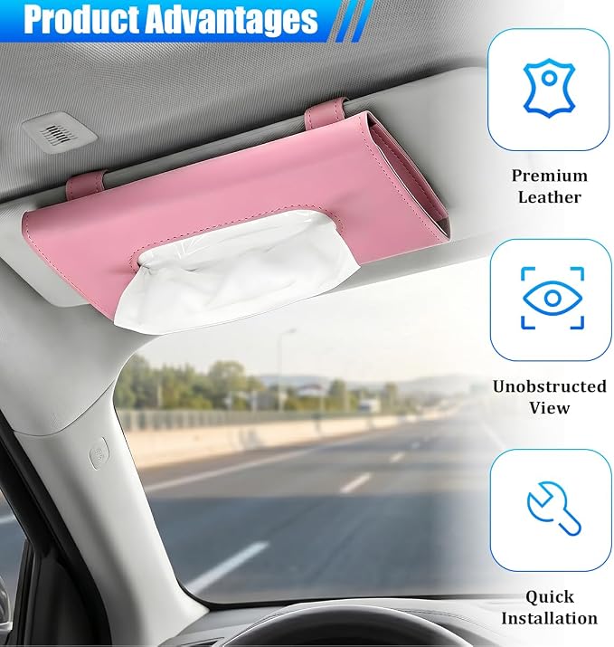 Car Tissue Holder, Rectangle Vehicle Sun Visor Napkin Case with Ergonomic Take Out Port, Automotive Interior Sunshade Tissue Box Organizer, Universal for SUV RV Truck (Pink)
