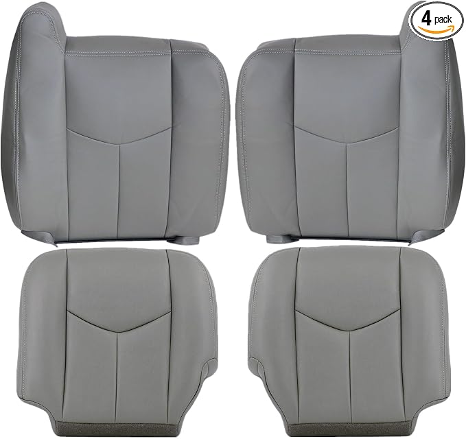 SecosAutoparts Driver & Passenger Side Bottom & Top Lean Back Leather Seat Cover Light Gray # 922 Compatible with Chevy GMC Tahoe Suburban Avalanche Yukon Silverado Sierra 2003 2004 2005 2006