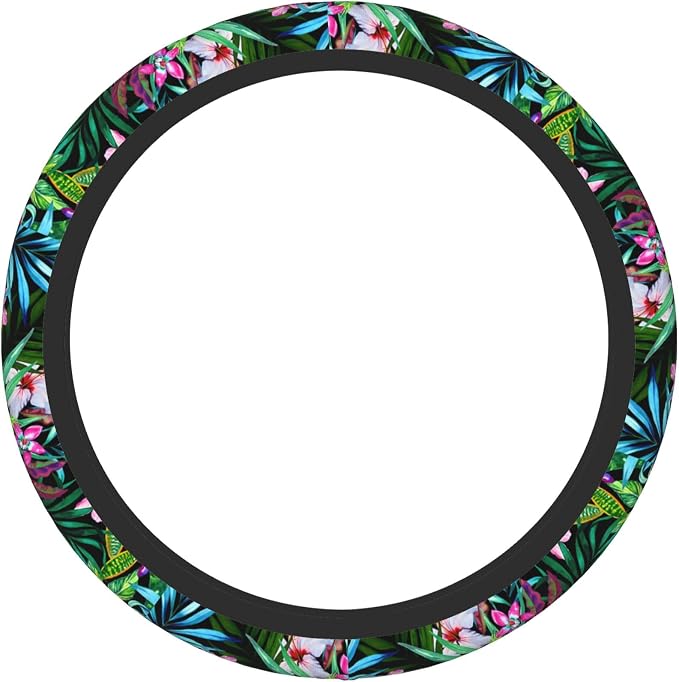 Tropical Car Steering Wheel Cover for Women Frangipani Hibiscus Palms 14-15 Inch Stretch Cloth Anti-Slip Wrap Protector Case Fit Universal Auto Accessories Decor Sweat Absorption (No Tools Needed)