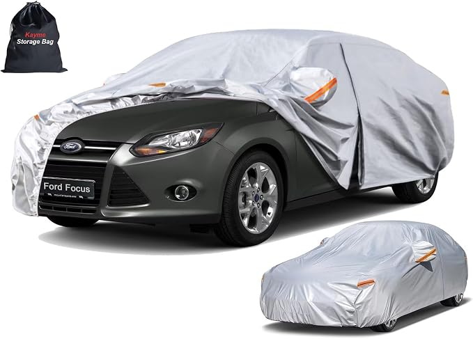 Kayme 6 Layers Sedan Car Cover Custom Fit for Ford Focus (1999-2025), Waterproof All Weather for Automobiles,Rain Sun UV Protection.Silver