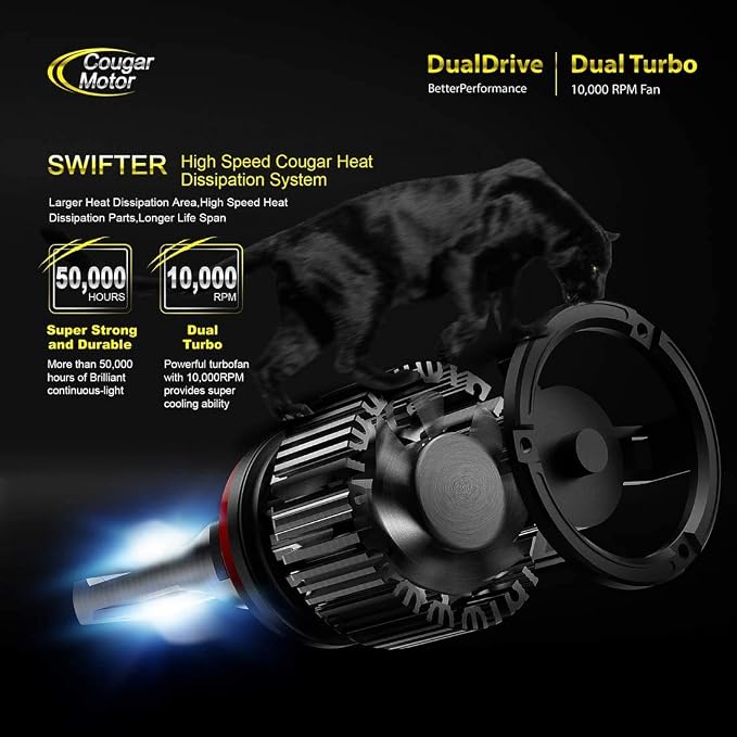 Cougar Motor H11 Bulbs, H8 H9 Light Bulb K16 Series 6000K White Plug and Play Fog Light IP67 Waterproof Driving Light Bulbs - Pack of 2