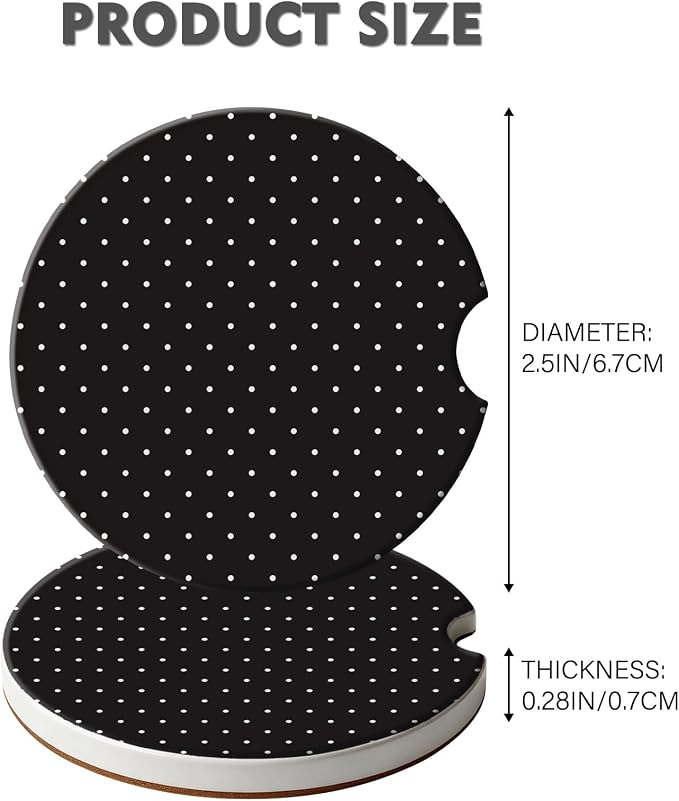 2 Pack Car Coasters for Cup Holders, Absorbent Ceramic Cup Coaster with Cork Base and Finger Notch, Cute Car Accessories Interior for Women Men (Black Polka Dots)