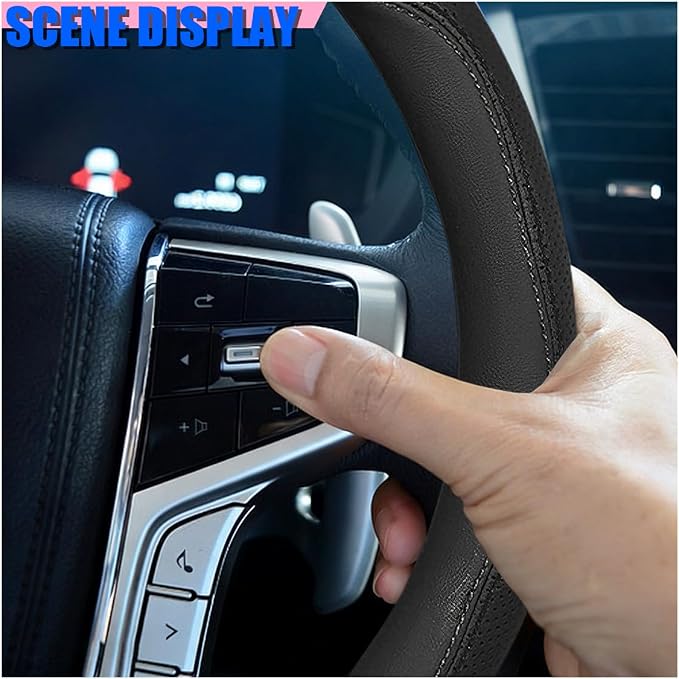 Craedli Nappa Leather Car Steering Wheel Cover, Breathable Non-Slip Automotive Steering Wheel Protector Universal Fit 14.5-15 Inch, Car Interior Decoration Accessories for Trucks, SUVs (Black)