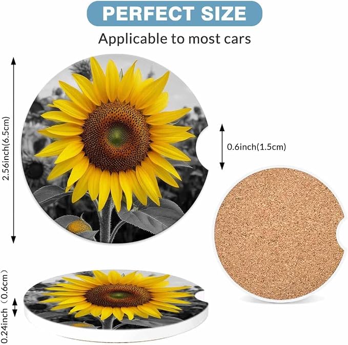 Bright Sunflower Car Cup Holder Coaster 2 Pack Absorbent Ceramic Car Coasters for Cup Holders Car Accessories Interior for Women Men Universal Anti Slip Cork Base Cup Coasters with Finger Notch