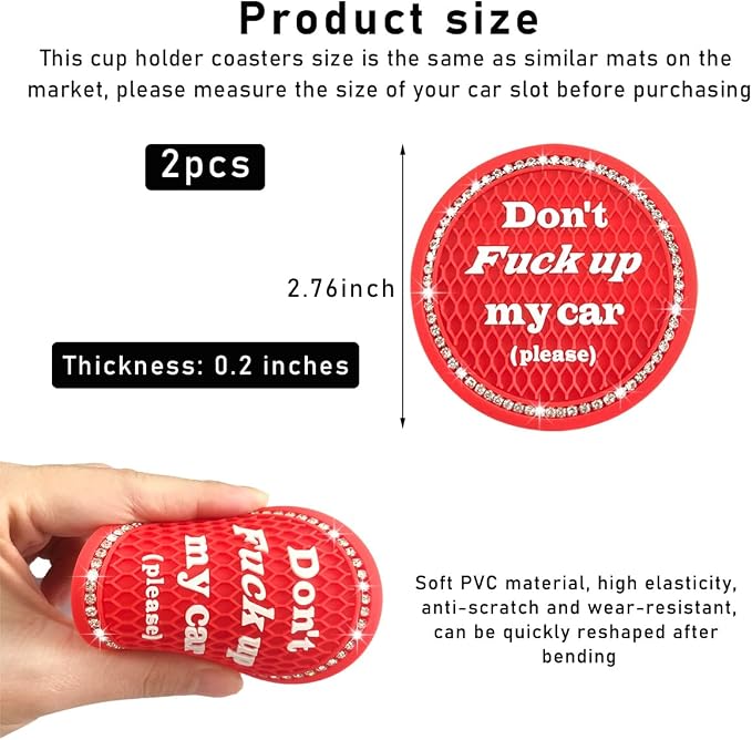 2 PCS Bling Car Cup Coaster, 2.75 Inch Anti-Slip Cup Holder Insert Coasters, Crystal Rhinestone Auto Drink Car Cup Mat for Women Girls, Universal Interior Car Accessories (Red)