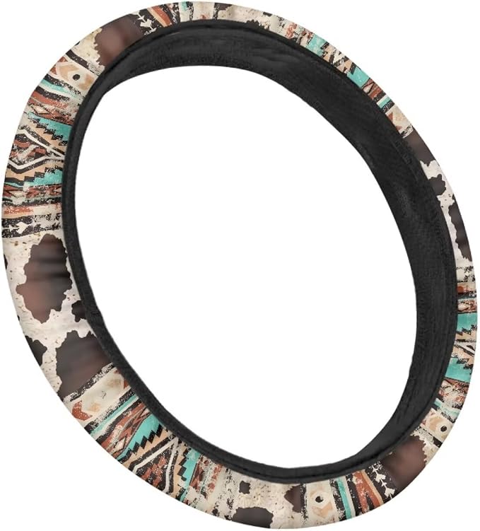 Wanyint Aztec Brown Cow Print Retro Auto Car Steering Wheel Cover for Women Men, Universal 15 Inch Soft Elastic Anti-Slip Easy to Install Car Accessories