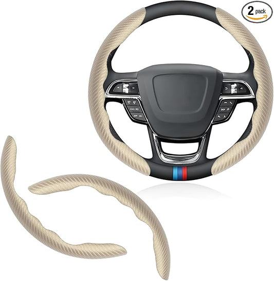 Universal Fit Carbon Fiber Steering Wheel Cover, Segmented Steering Wheel Protector, Carbon Fiber Anti-Skid Steering Wheel Cover Car Interior Accessories (2 Pcs Khaki)