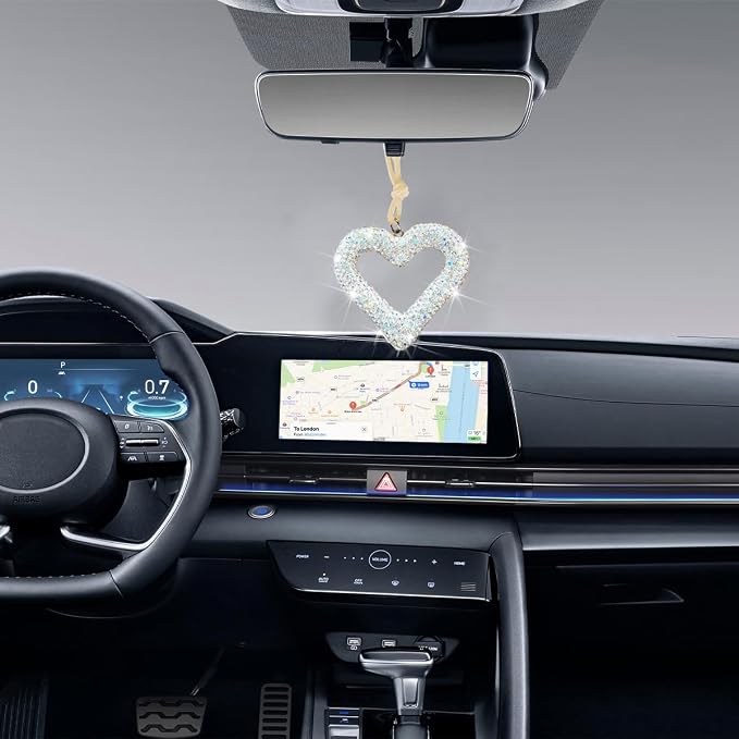 Mandark Bling Heart Car Hanging Accessories, Crystal Rhinestone Vehicle Rear View Mirror Charm Pendant Ornaments, Cute Diamond Auto Interior Hanger Decoration for Women Girls（AB Color）