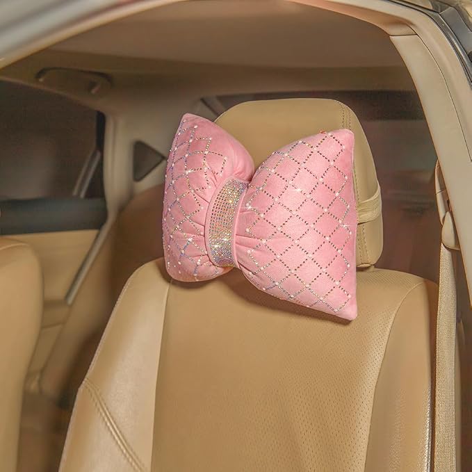 Carwales Car Headrest Pillow Pink Sparkly Bling Rhinestone Accessories for Women Bow Seat Neck Support Pillow for Travel Driver Chair Head Rest 2pcs
