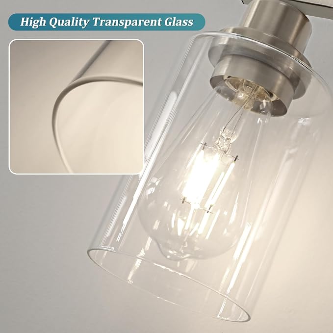 Unicozin Modern Brushed Nickel Bathroom Light Fixtures, 4-Light Vanity Lights Over Mirror with E26 LED Bulbs Included, Wall Sconce with Clear Glass Shades for Living Room Bedroom Hallway Kitchen