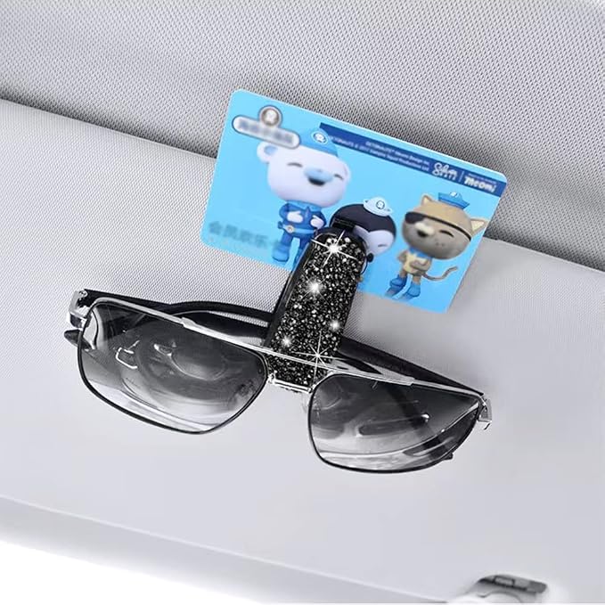 Set of 2 Bling Rhinestone Car Sun Visor Glasses Holders with Anti-Scratch Sponge,Car Decoration for Women Girls,Ticket Card Clip Visor Organizer,Universal Rhinestone Auto Accessories (Black-2pcs)