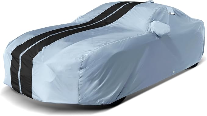 iCarCover Premium Plus Car Cover Waterproof All Weather Rain Snow UV Sun Protection, Saab 9-3, Benz CLK, CLA, RSX, Collora, Prius, X Type, G70, WRX, C70, Size C12 (See Size Chart), Stripe - Gray/Black